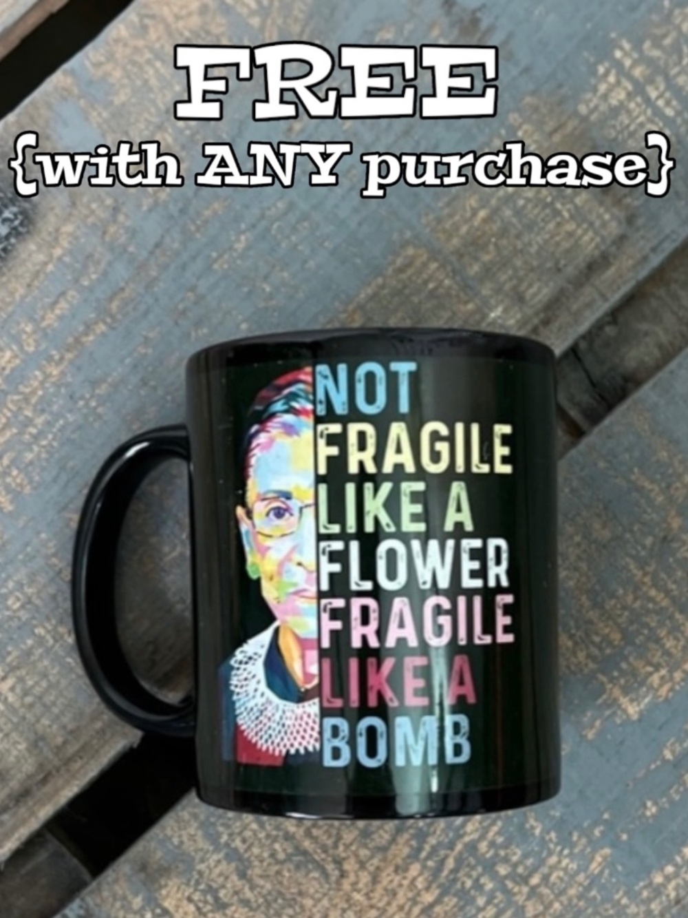 EUC ✶ FREE ✶ RBG Black & Pink < Fragile Flower + Bomb > Quote Coffee Mug Gift
